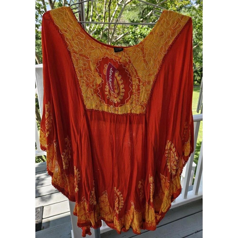 Jackpot Kaftan Womens One Size Orange Yellow Batwing Sleeve Embroidered Boho New